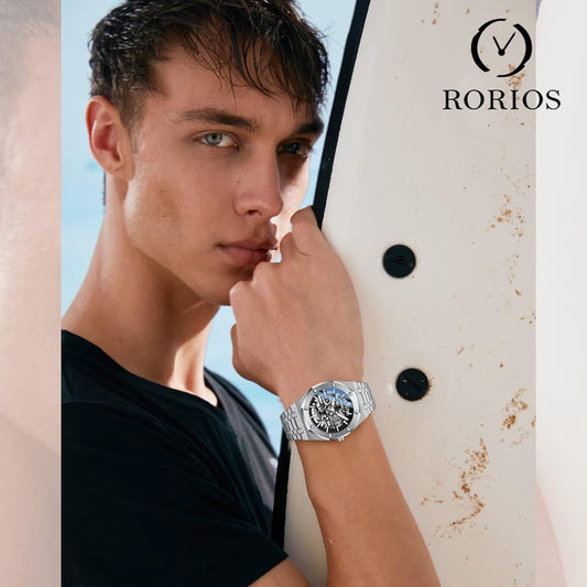 RORIOS Montre Homme Mécanique Automatique Lumineuse Avec Bracelet en Acier Inoxydable - Décontractée Squelette