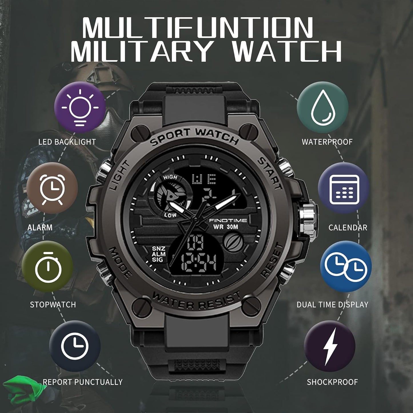 Montre Militaire Tactique de Sport pour Homme Chronomètre à Grand Cadran, Alarme, Double Affichage de l'heure, rétroéclairage, Montre-Bracelet étanche pour l'extérieur, analogique numérique