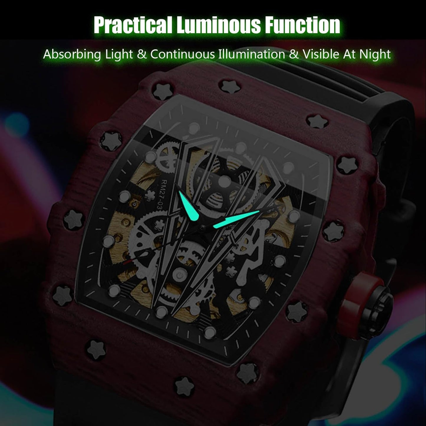 RORIOS Homme Punk Montre Sport Tonneau Montre de Poignet Mécanique Automatique Montre Mode Squelette Regarder Étanche Lumineuse Montre Silicone