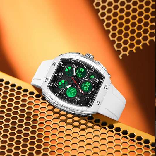 Montre Militaire Homme Sport Design Unique Cadran Rectangulaire, Affichage Numérique Analogique, Double Fuseau, Chronomètre Étanche 5ATM, Style Punk