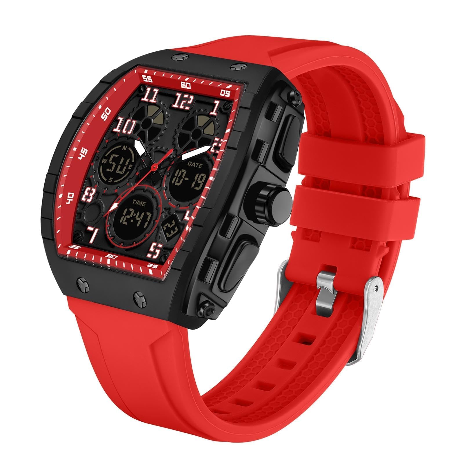 Montre Militaire Homme Sport Design Unique Cadran Rectangulaire, Affichage Numérique Analogique, Double Fuseau, Chronomètre Étanche 5ATM, Style Punk