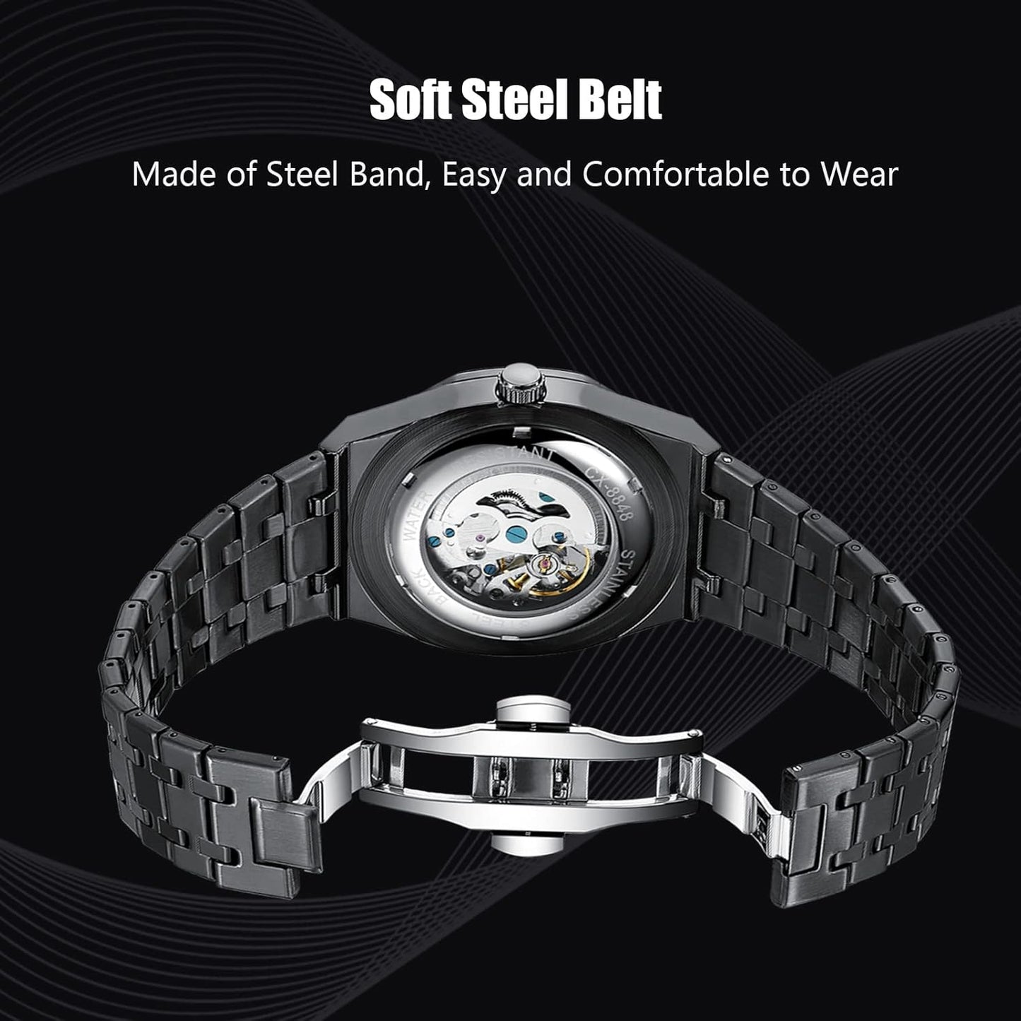 RORIOS Montre Homme Mécanique Automatique Lumineuse Avec Bracelet en Acier Inoxydable - Décontractée Squelette
