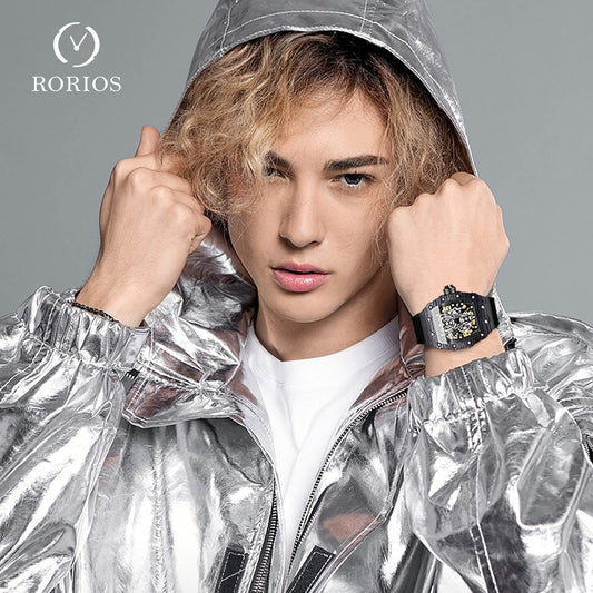 RORIOS Homme Punk Montre Sport Tonneau Montre de Poignet Mécanique Automatique Montre Mode Squelette Regarder Étanche Lumineuse Montre Silicone