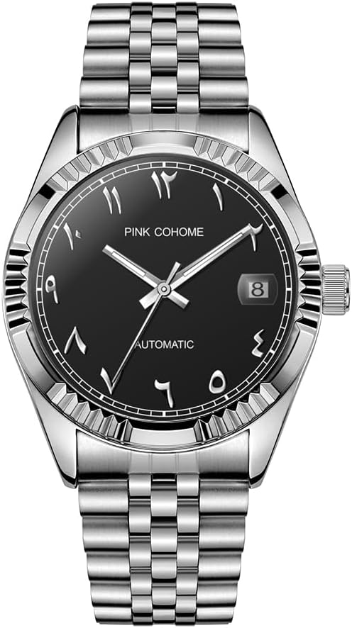 Boyarca Montre mécanique de Luxe en Acier avec Chiffres Arabes Mouvement Automatique Chiffres ourdou, 38mm pour Homme avec Date Lumineuse et étanche