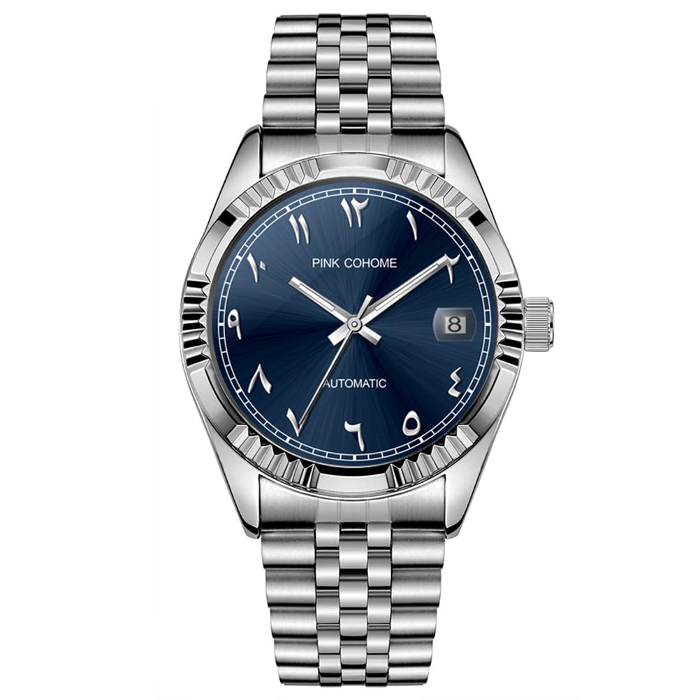 Boyarca Montre mécanique de Luxe en Acier avec Chiffres Arabes Mouvement Automatique Chiffres ourdou, 38mm pour Homme avec Date Lumineuse et étanche