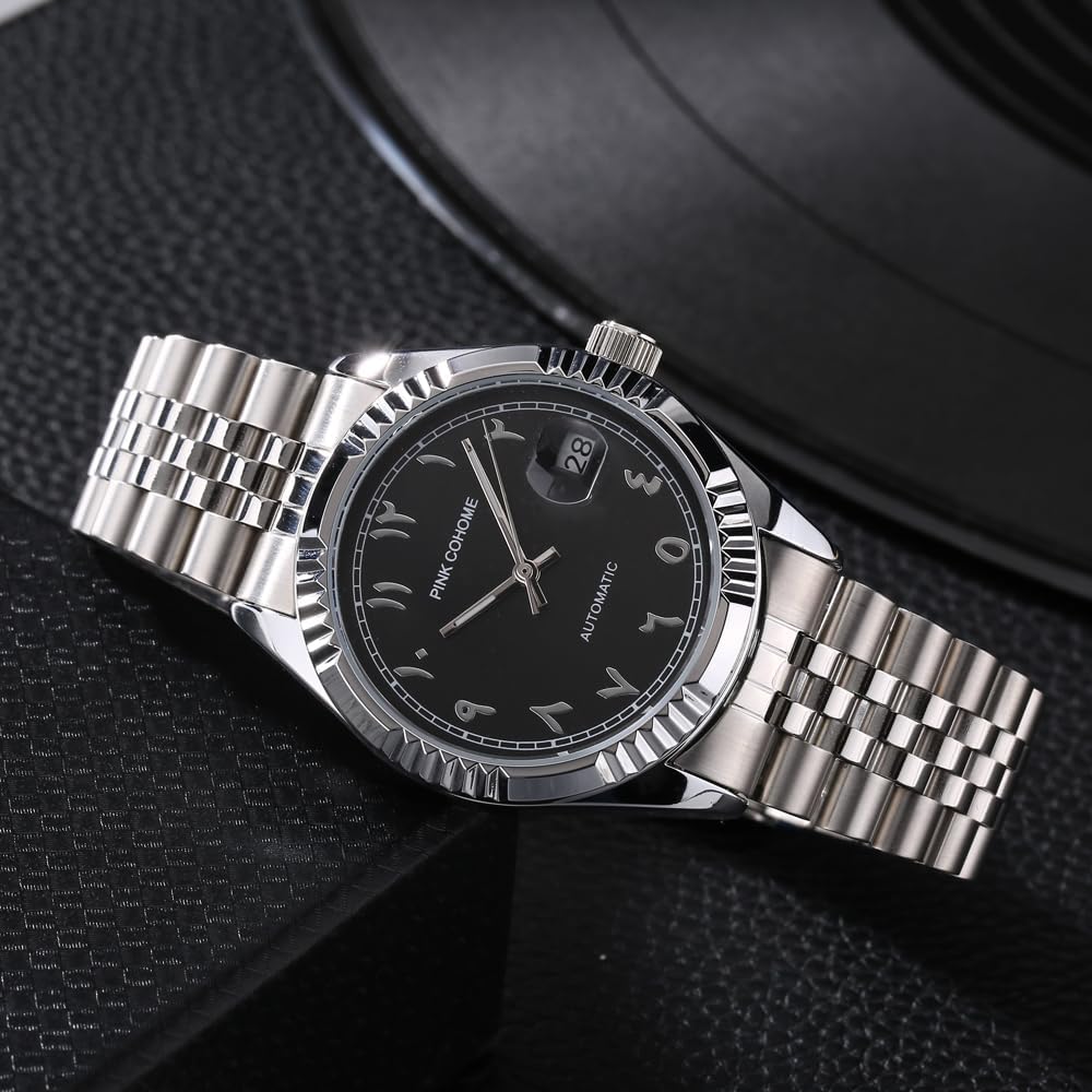 Boyarca Montre mécanique de Luxe en Acier avec Chiffres Arabes Mouvement Automatique Chiffres ourdou, 38mm pour Homme avec Date Lumineuse et étanche