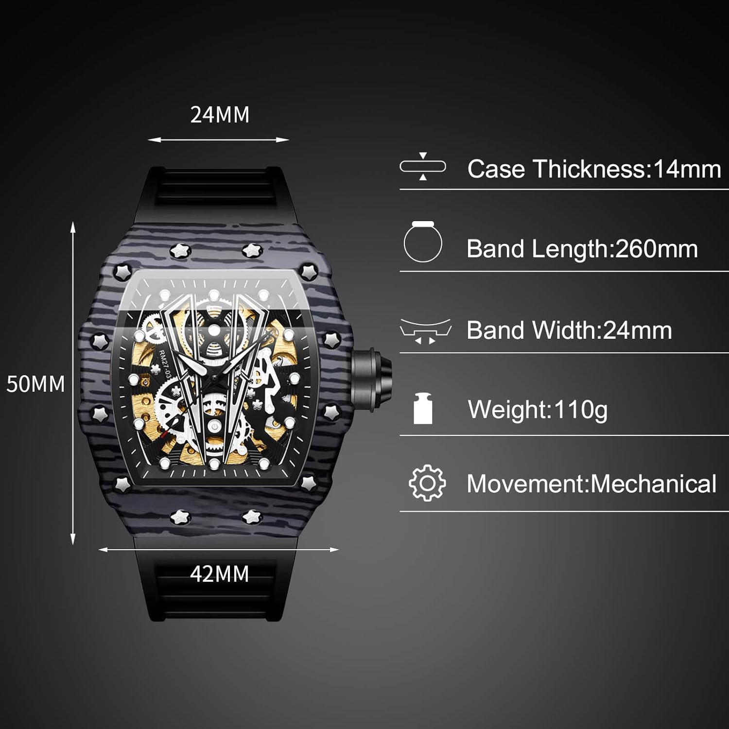 RORIOS Homme Punk Montre Sport Tonneau Montre de Poignet Mécanique Automatique Montre Mode Squelette Regarder Étanche Lumineuse Montre Silicone