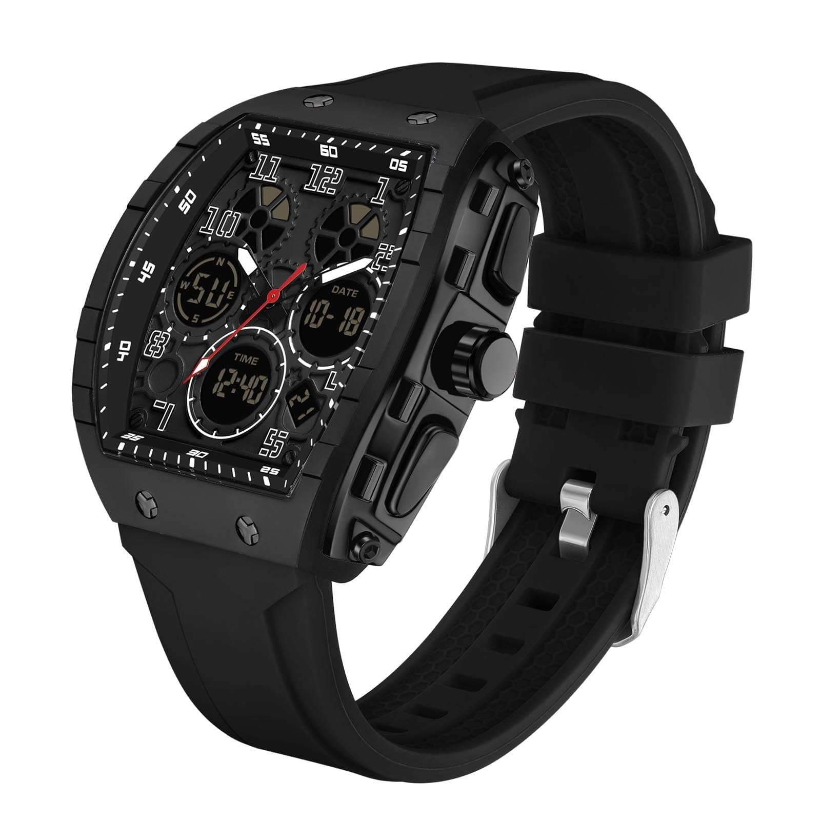 Montre Militaire Homme Sport Design Unique Cadran Rectangulaire, Affichage Numérique Analogique, Double Fuseau, Chronomètre Étanche 5ATM, Style Punk