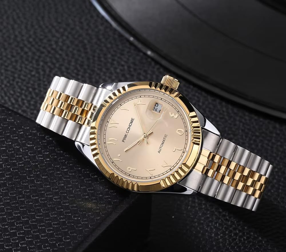 Boyarca Montre mécanique de Luxe en Acier avec Chiffres Arabes Mouvement Automatique Chiffres ourdou, 38mm pour Homme avec Date Lumineuse et étanche