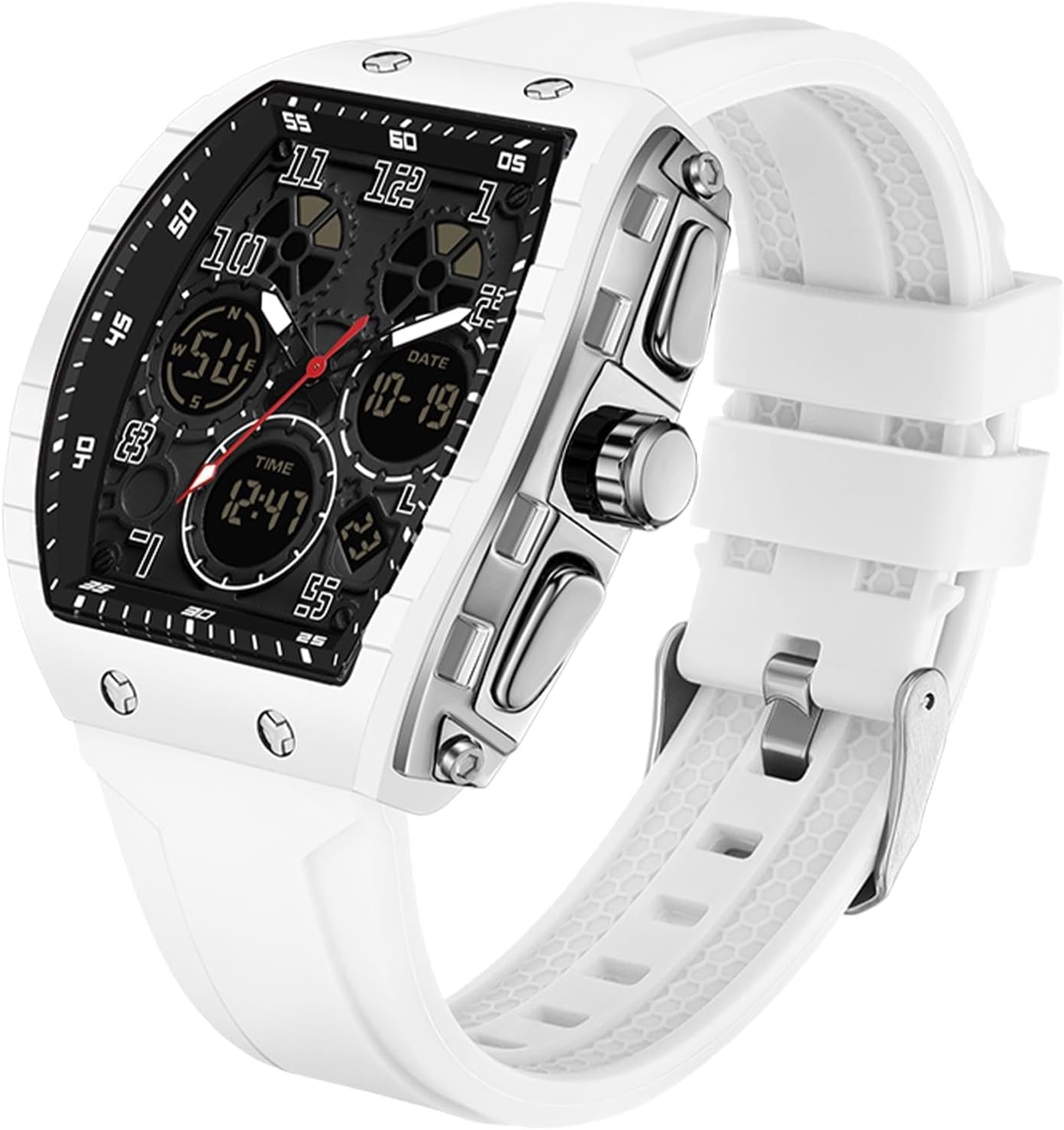 Montre Militaire Homme Sport Design Unique Cadran Rectangulaire, Affichage Numérique Analogique, Double Fuseau, Chronomètre Étanche 5ATM, Style Punk