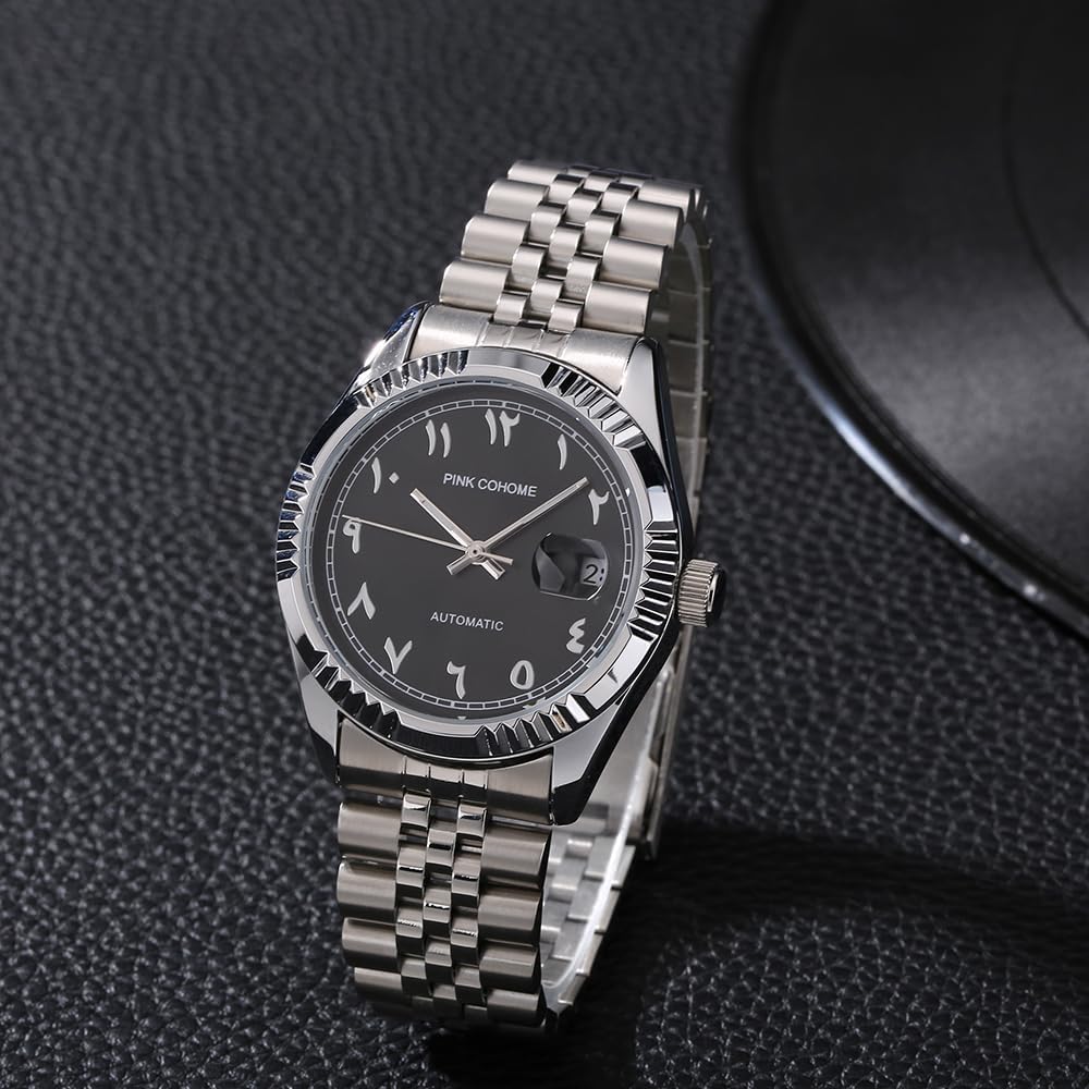Boyarca Montre mécanique de Luxe en Acier avec Chiffres Arabes Mouvement Automatique Chiffres ourdou, 38mm pour Homme avec Date Lumineuse et étanche