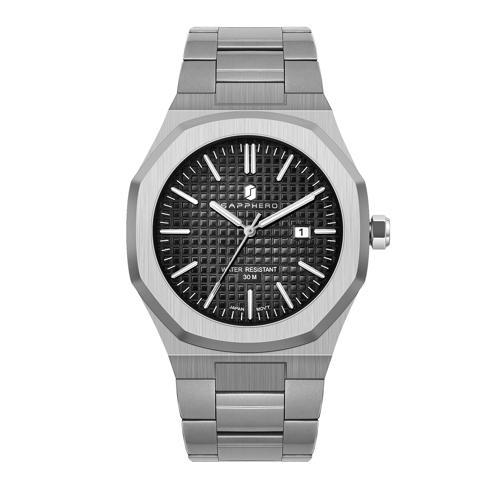 SAPPHERO Montre Homme Quartz Argent Acier Inoxydable Bracelet 30M Etanche Date Calendrier Noir Bleu Montre Cadeaux pour Hommes