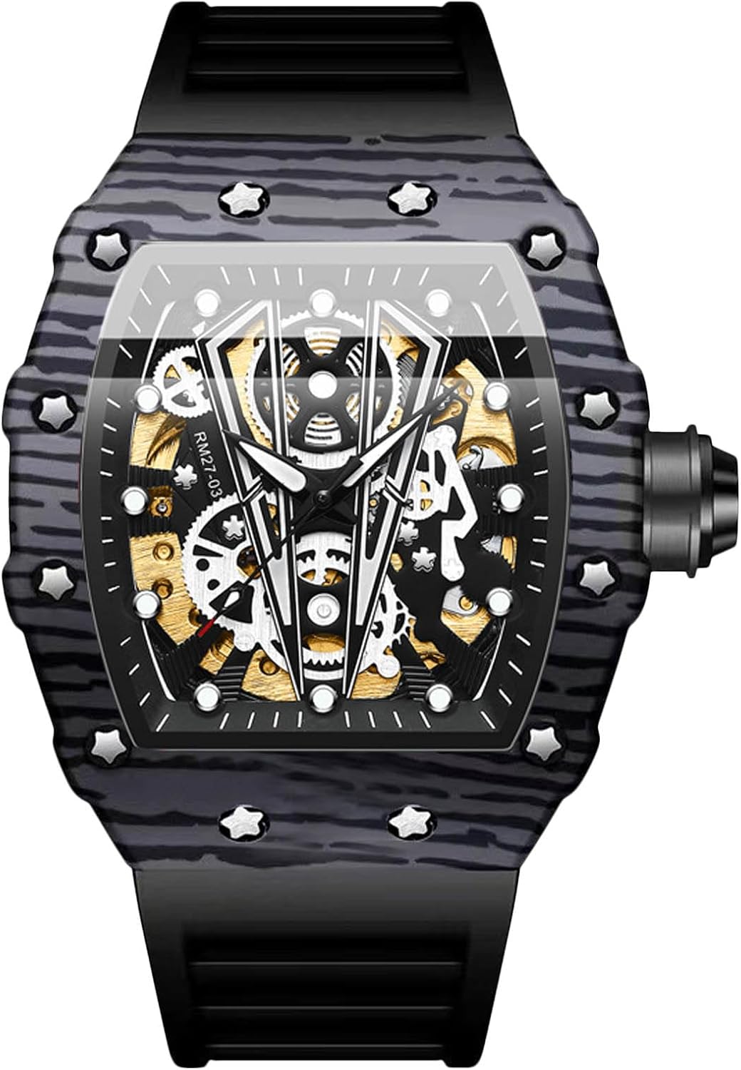 RORIOS Homme Punk Montre Sport Tonneau Montre de Poignet Mécanique Automatique Montre Mode Squelette Regarder Étanche Lumineuse Montre Silicone