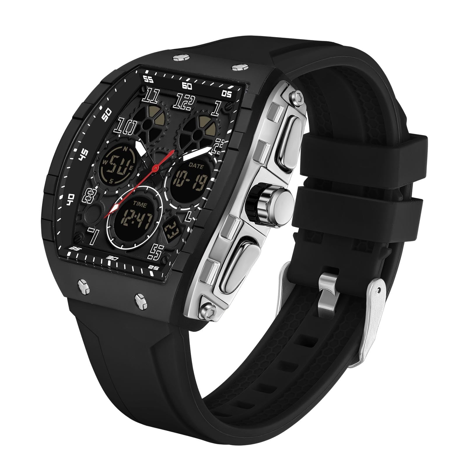 Montre Militaire Homme Sport Design Unique Cadran Rectangulaire, Affichage Numérique Analogique, Double Fuseau, Chronomètre Étanche 5ATM, Style Punk
