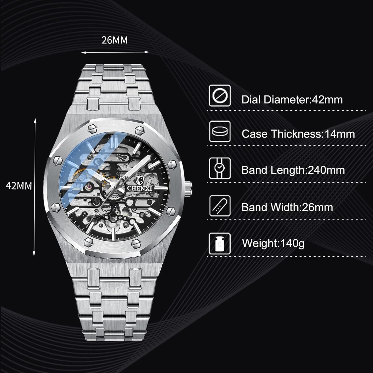 RORIOS Montre Homme Mécanique Automatique Lumineuse Avec Bracelet en Acier Inoxydable - Décontractée Squelette