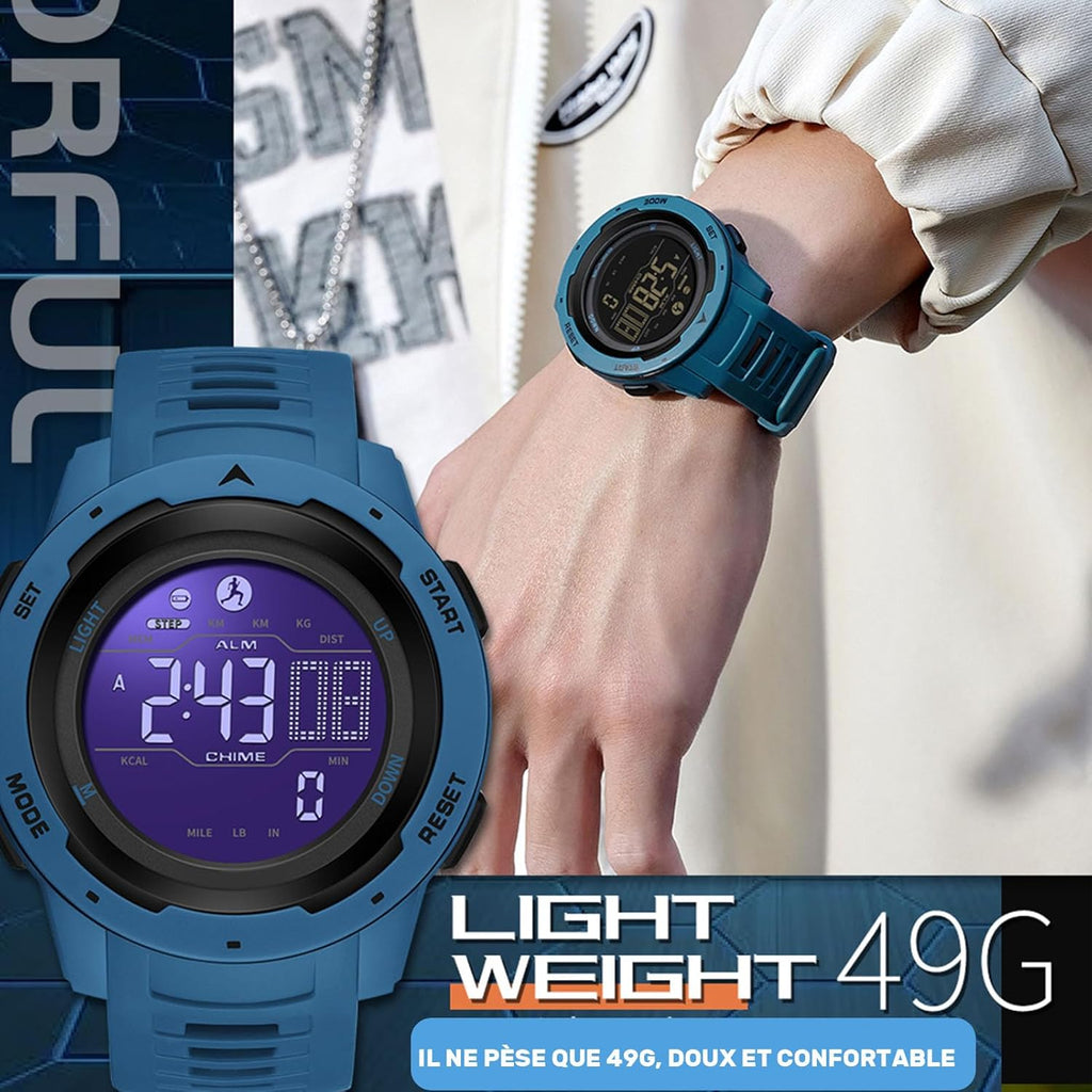 Montre de Sport numérique Militaire pour Homme étanche 50M avec chronomètre Alarme Compte à rebours Double Temps