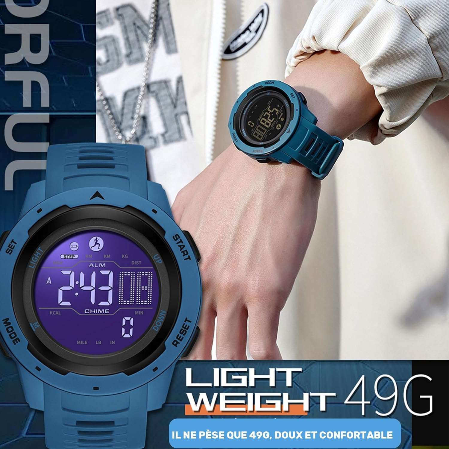 Montre de Sport numérique Militaire pour Homme étanche 50M avec chronomètre Alarme Compte à rebours Double Temps