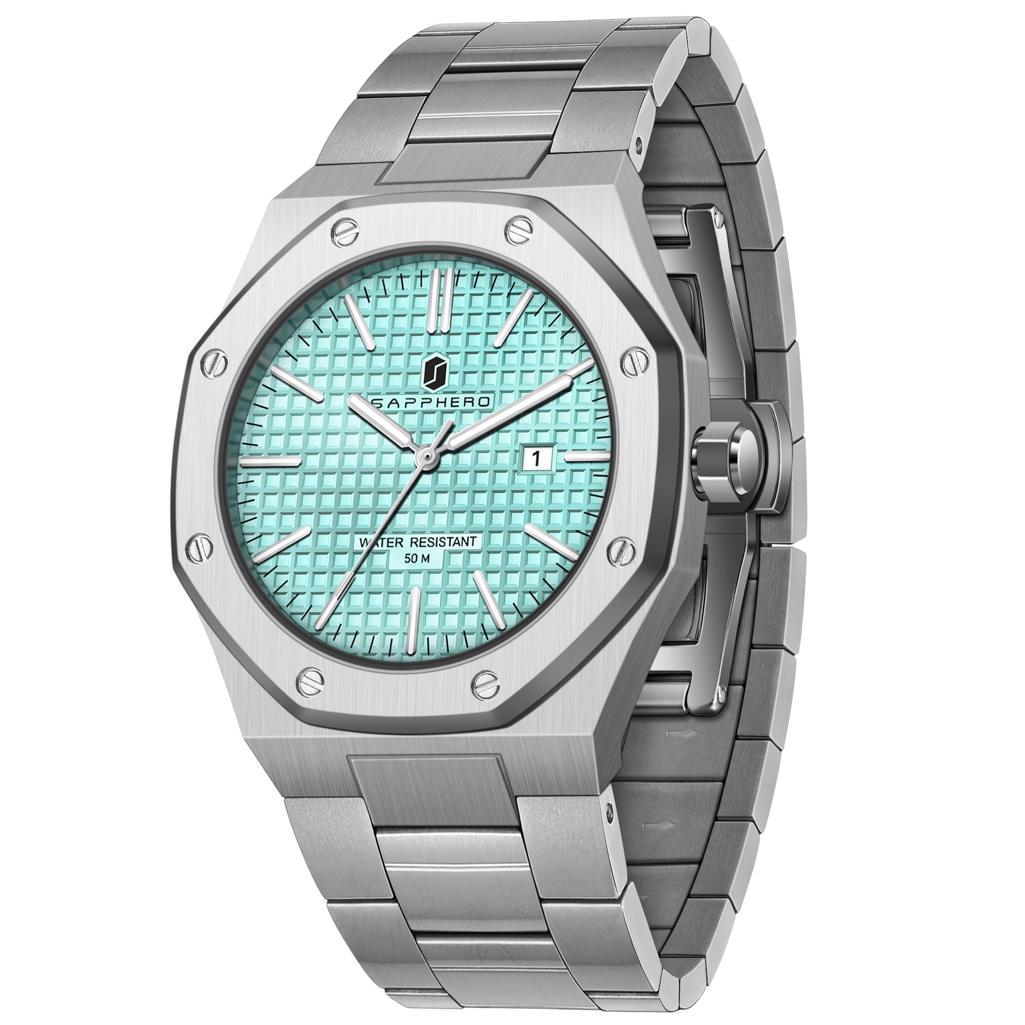 SAPPHERO Montre Homme Quartz Argent Acier Inoxydable Bracelet 30M Etanche Date Calendrier Noir Bleu Montre Cadeaux pour Hommes