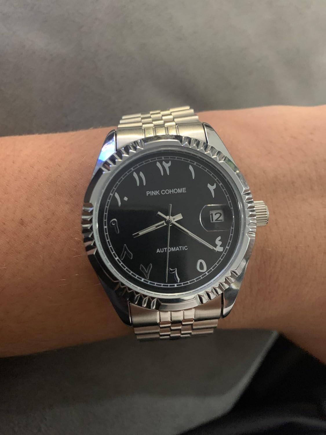 Boyarca Montre mécanique de Luxe en Acier avec Chiffres Arabes Mouvement Automatique Chiffres ourdou, 38mm pour Homme avec Date Lumineuse et étanche