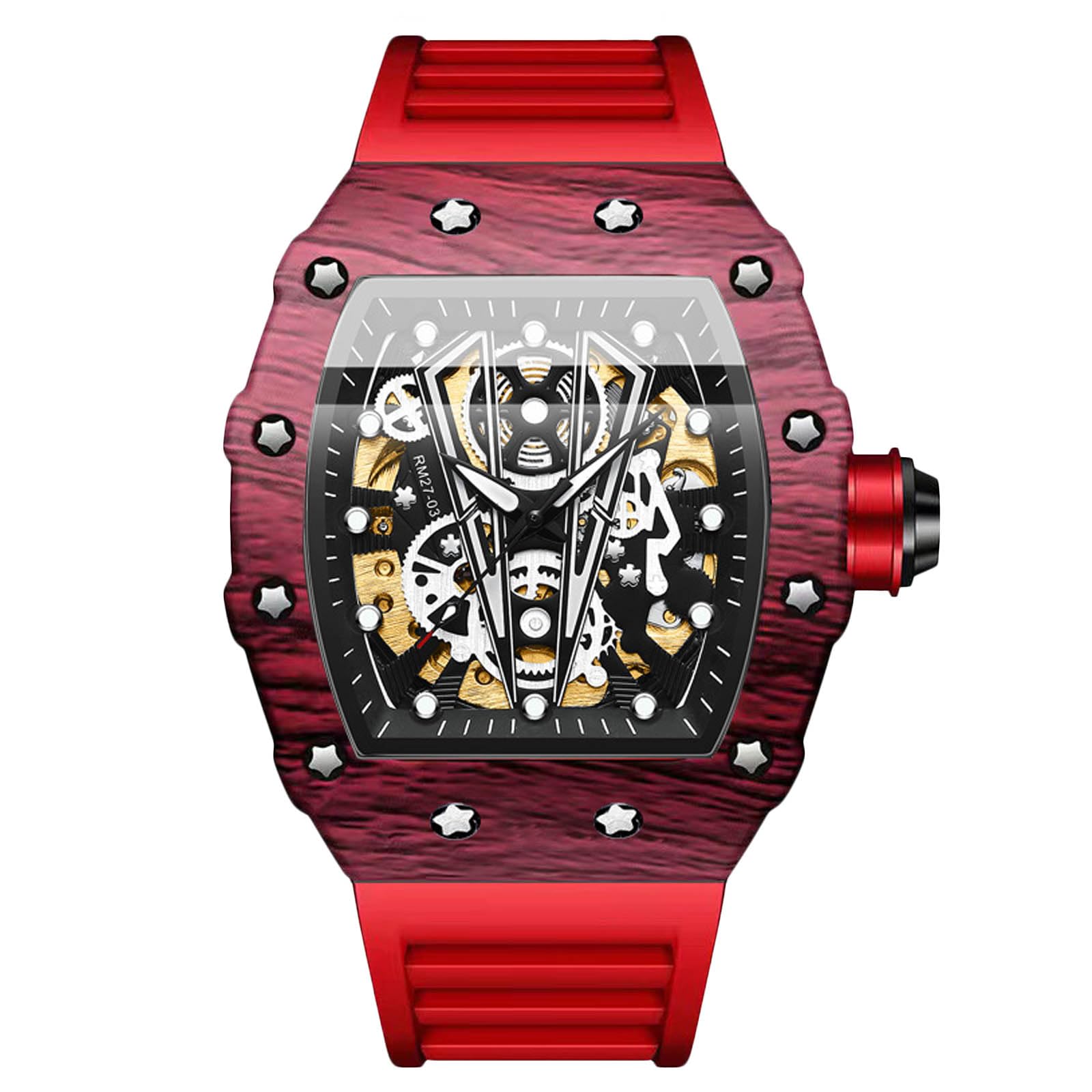 RORIOS Homme Punk Montre Sport Tonneau Montre de Poignet Mécanique Automatique Montre Mode Squelette Regarder Étanche Lumineuse Montre Silicone