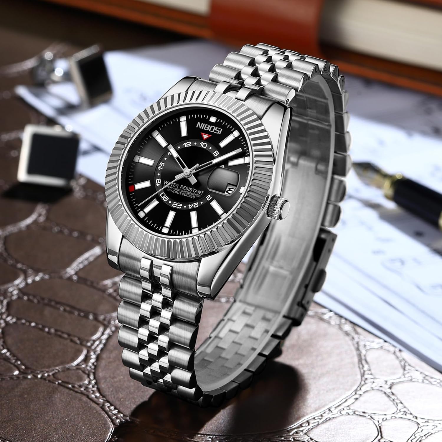 NIBOSI Montre pour homme - Style business - Mouvement à quartz analogique - Étanche - Affichage de la date - Bracelet en acier inoxydable - Classique et tendance
