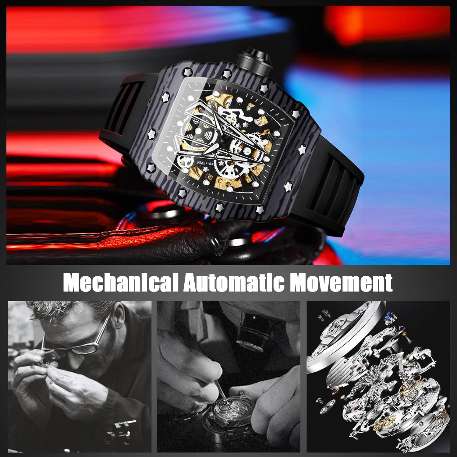 RORIOS Homme Punk Montre Sport Tonneau Montre de Poignet Mécanique Automatique Montre Mode Squelette Regarder Étanche Lumineuse Montre Silicone