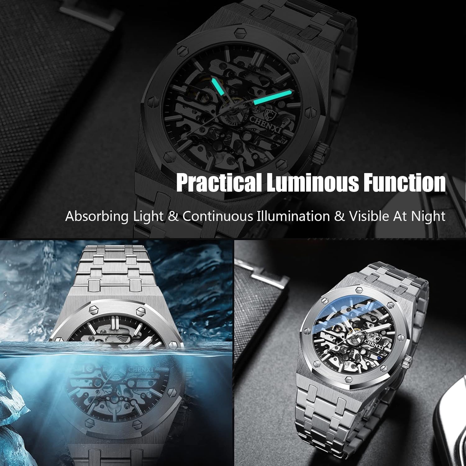 RORIOS Montre Homme Mécanique Automatique Lumineuse Avec Bracelet en Acier Inoxydable - Décontractée Squelette