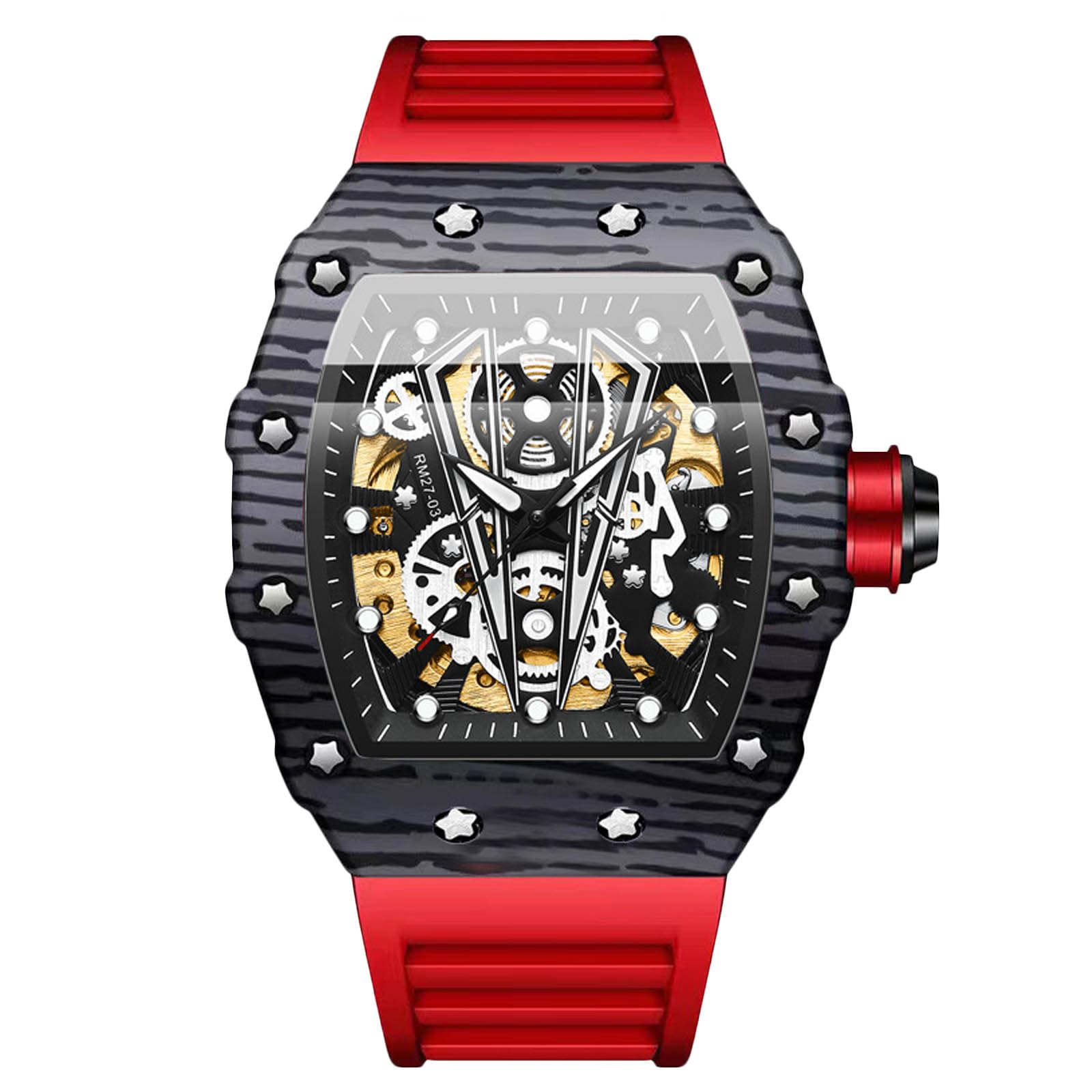 RORIOS Homme Punk Montre Sport Tonneau Montre de Poignet Mécanique Automatique Montre Mode Squelette Regarder Étanche Lumineuse Montre Silicone