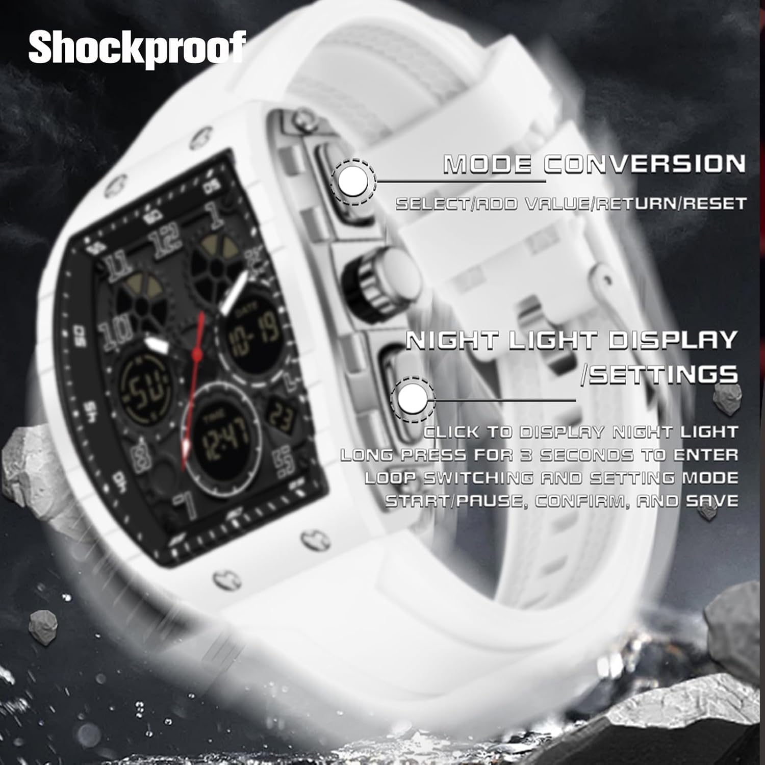 Montre Militaire Homme Sport Design Unique Cadran Rectangulaire, Affichage Numérique Analogique, Double Fuseau, Chronomètre Étanche 5ATM, Style Punk
