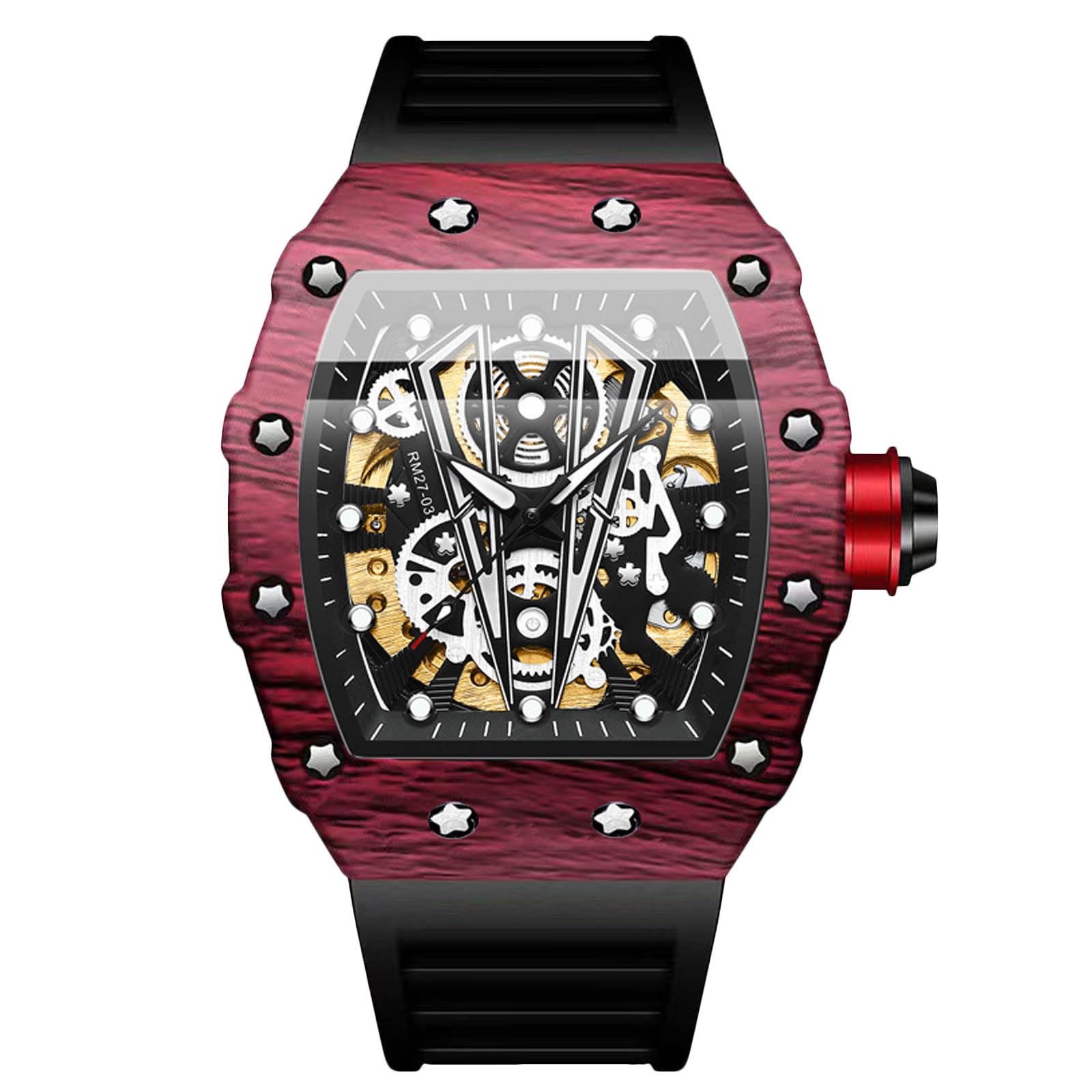 RORIOS Homme Punk Montre Sport Tonneau Montre de Poignet Mécanique Automatique Montre Mode Squelette Regarder Étanche Lumineuse Montre Silicone