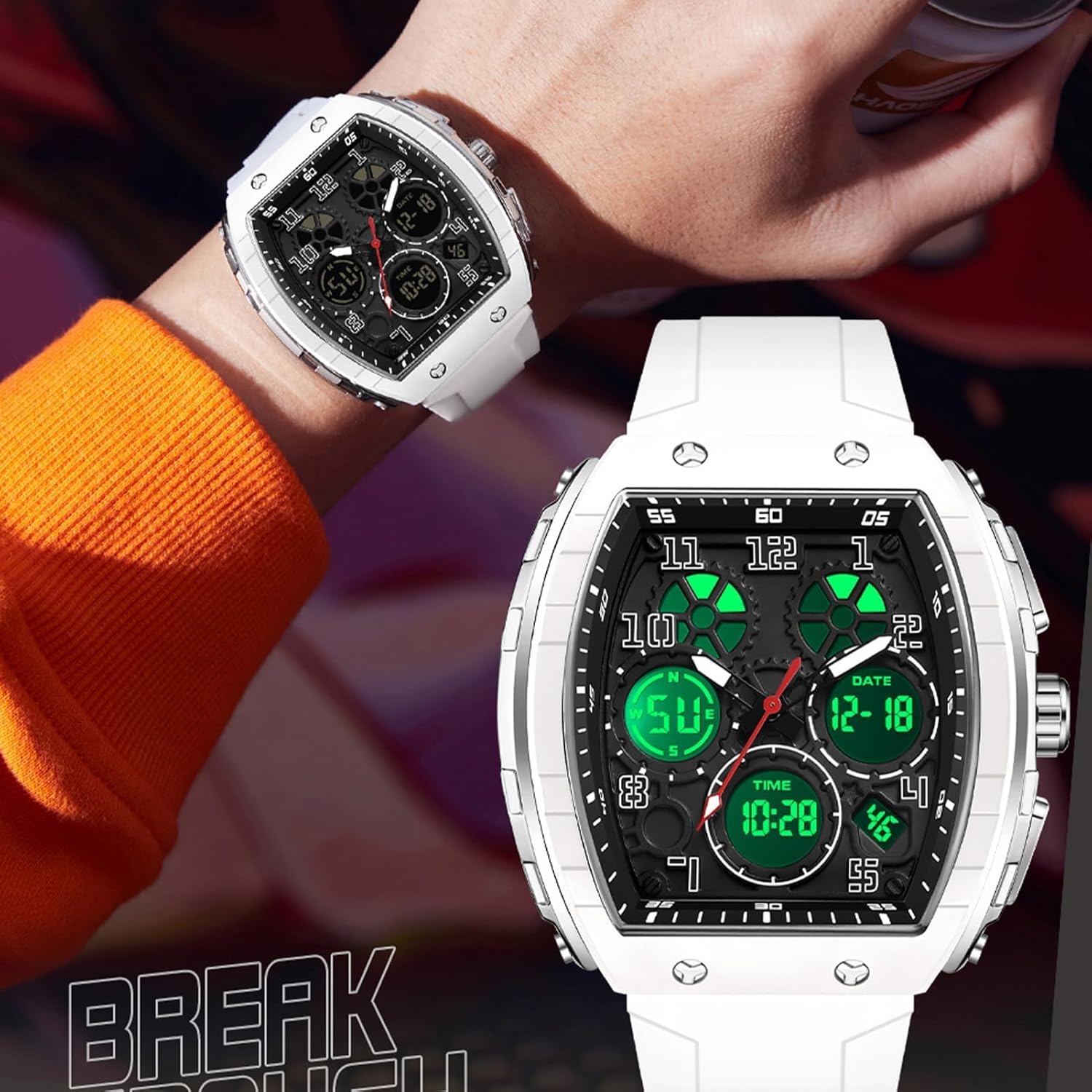 Montre Militaire Homme Sport Design Unique Cadran Rectangulaire, Affichage Numérique Analogique, Double Fuseau, Chronomètre Étanche 5ATM, Style Punk