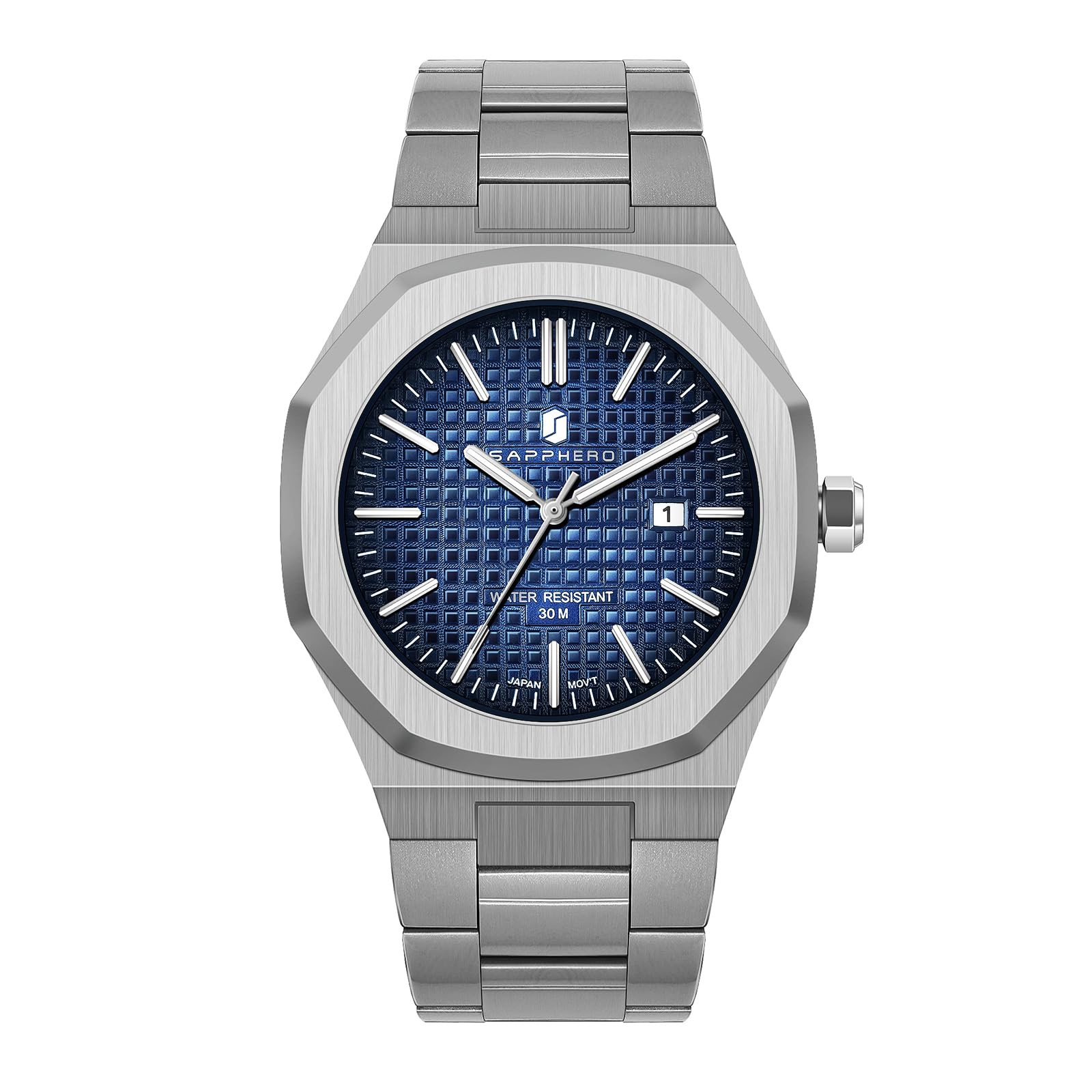 SAPPHERO Montre Homme Quartz Argent Acier Inoxydable Bracelet 30M Etanche Date Calendrier Noir Bleu Montre Cadeaux pour Hommes