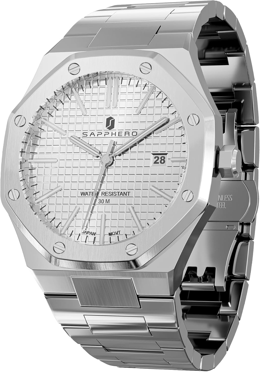 SAPPHERO Montre Homme Quartz Argent Acier Inoxydable Bracelet 30M Etanche Date Calendrier Noir Bleu Montre Cadeaux pour Hommes