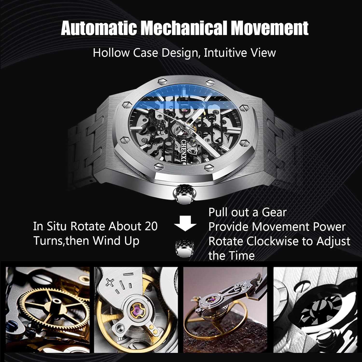 RORIOS Montre Homme Mécanique Automatique Lumineuse Avec Bracelet en Acier Inoxydable - Décontractée Squelette