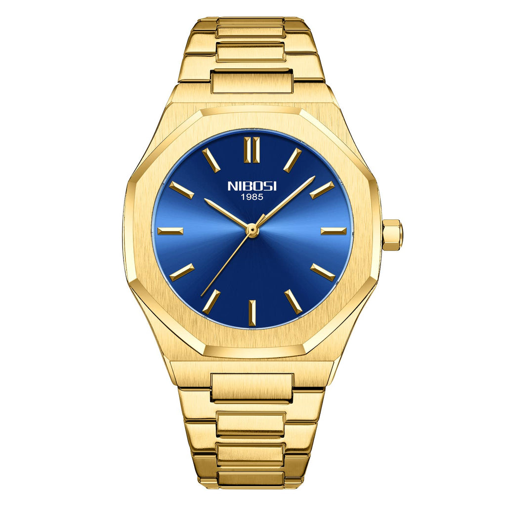 NIBOSI Montre pour homme - Cadran analogique minimaliste - Montre octogonale pour homme - Étanche - Avec bracelet en acier inoxydable doré