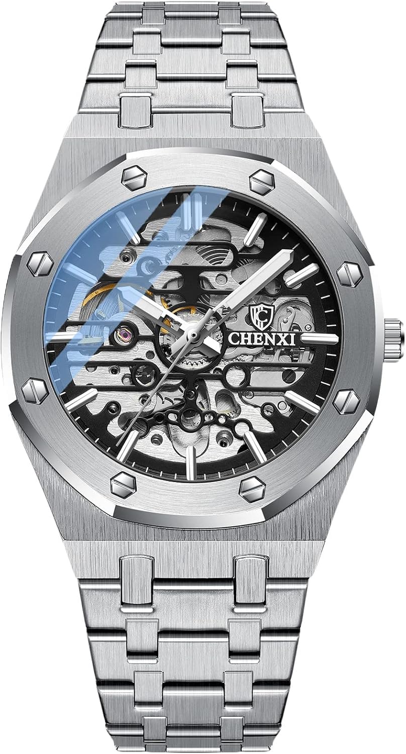 RORIOS Montre Homme Mécanique Automatique Lumineuse Avec Bracelet en Acier Inoxydable - Décontractée Squelette