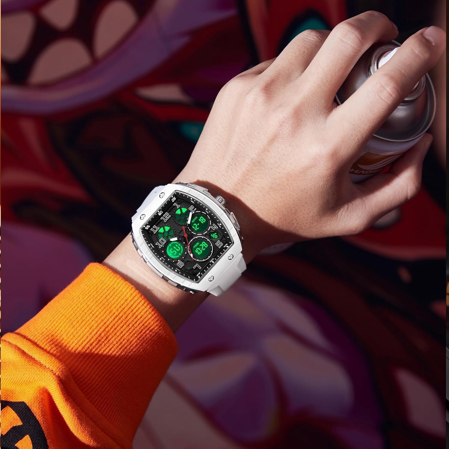 Montre Militaire Homme Sport Design Unique Cadran Rectangulaire, Affichage Numérique Analogique, Double Fuseau, Chronomètre Étanche 5ATM, Style Punk