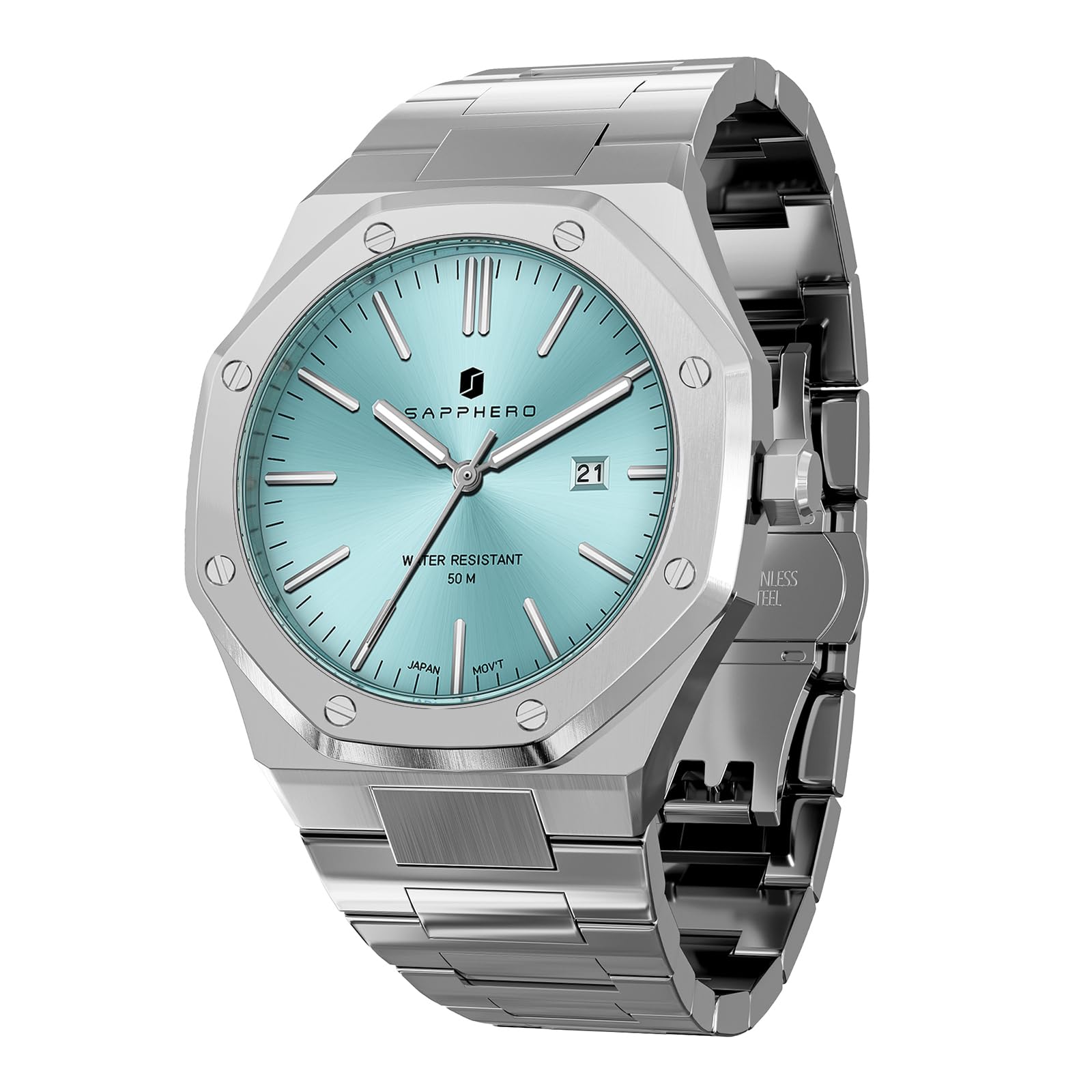 SAPPHERO Montre Homme Quartz Argent Acier Inoxydable Bracelet 30M Etanche Date Calendrier Noir Bleu Montre Cadeaux pour Hommes