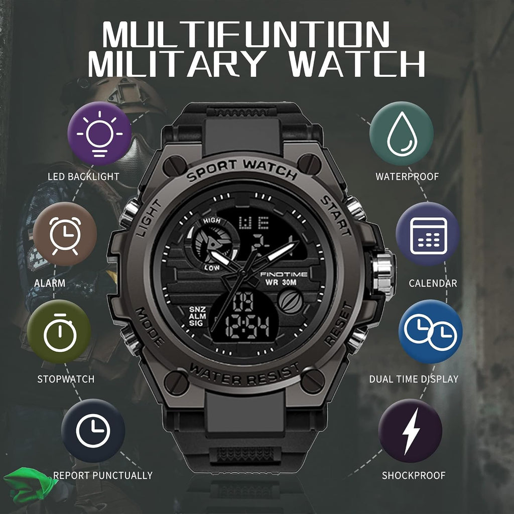 Montre Militaire Tactique de Sport pour Homme Chronomètre à Grand Cadran, Alarme, Double Affichage de l'heure, rétroéclairage, Montre-Bracelet étanche pour l'extérieur, analogique numérique