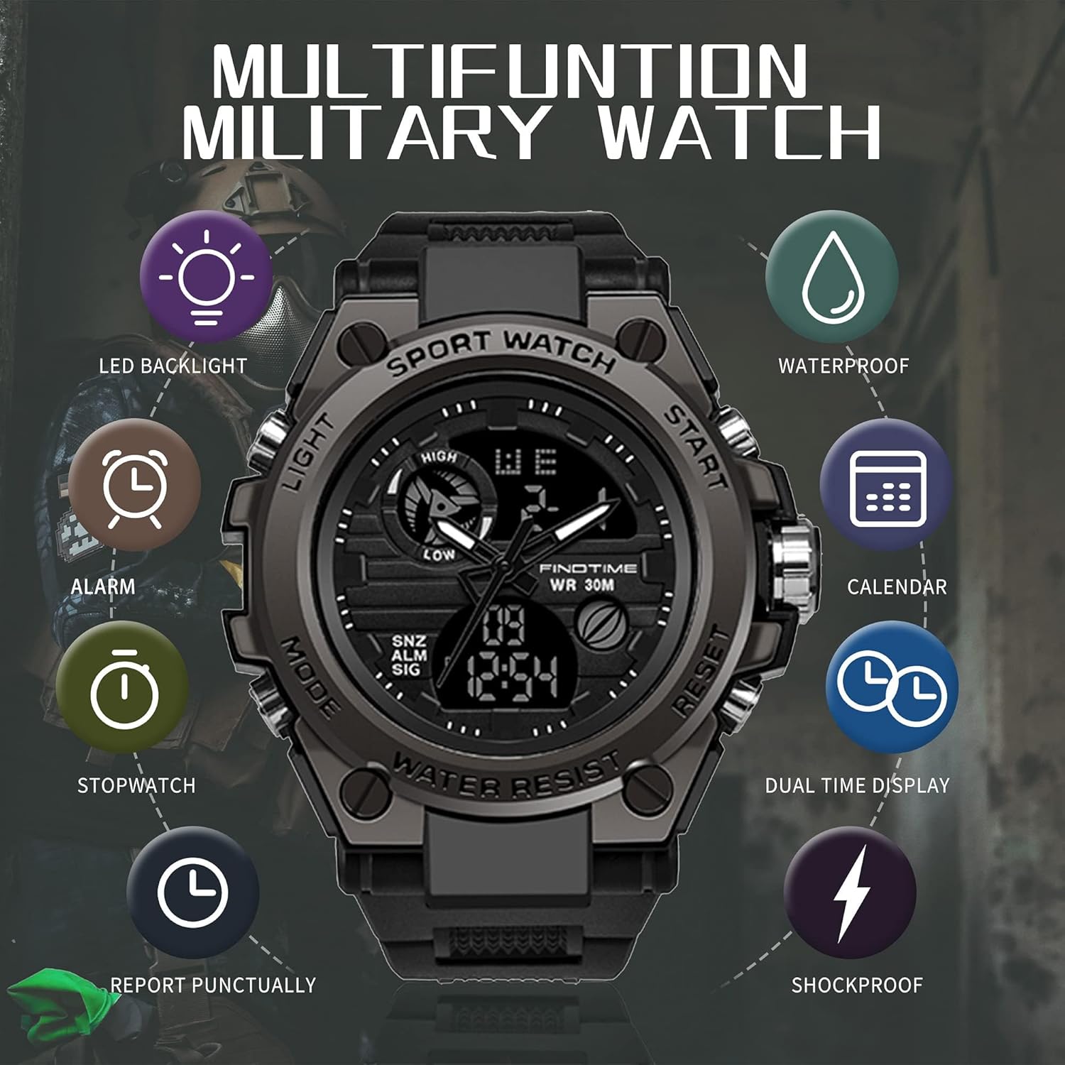 Montre Militaire Tactique de Sport pour Homme Chronomètre à Grand Cadran, Alarme, Double Affichage de l'heure, rétroéclairage, Montre-Bracelet étanche pour l'extérieur, analogique numérique