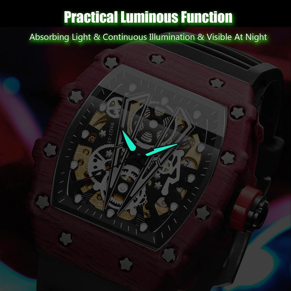 RORIOS Homme Punk Montre Sport Tonneau Montre de Poignet Mécanique Automatique Montre Mode Squelette Regarder Étanche Lumineuse Montre Silicone