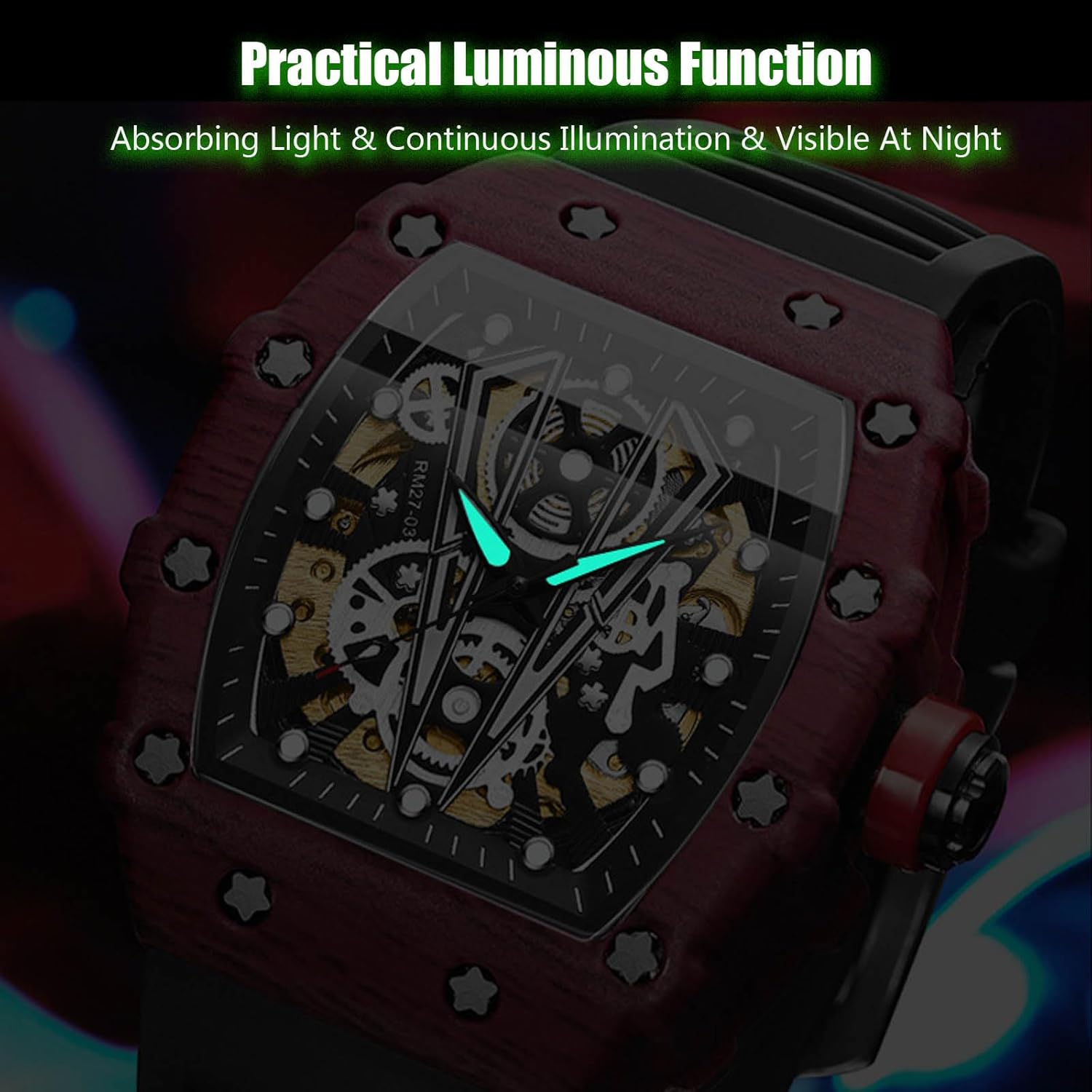 RORIOS Homme Punk Montre Sport Tonneau Montre de Poignet Mécanique Automatique Montre Mode Squelette Regarder Étanche Lumineuse Montre Silicone