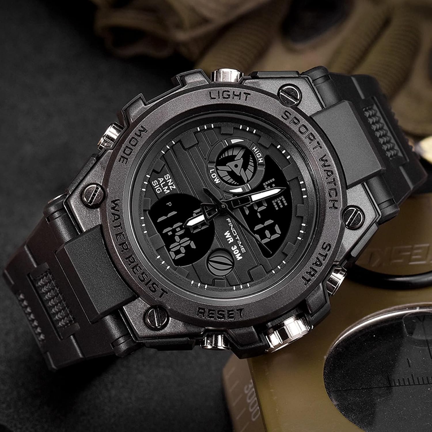 Montre Militaire Tactique de Sport pour Homme Chronomètre à Grand Cadran, Alarme, Double Affichage de l'heure, rétroéclairage, Montre-Bracelet étanche pour l'extérieur, analogique numérique