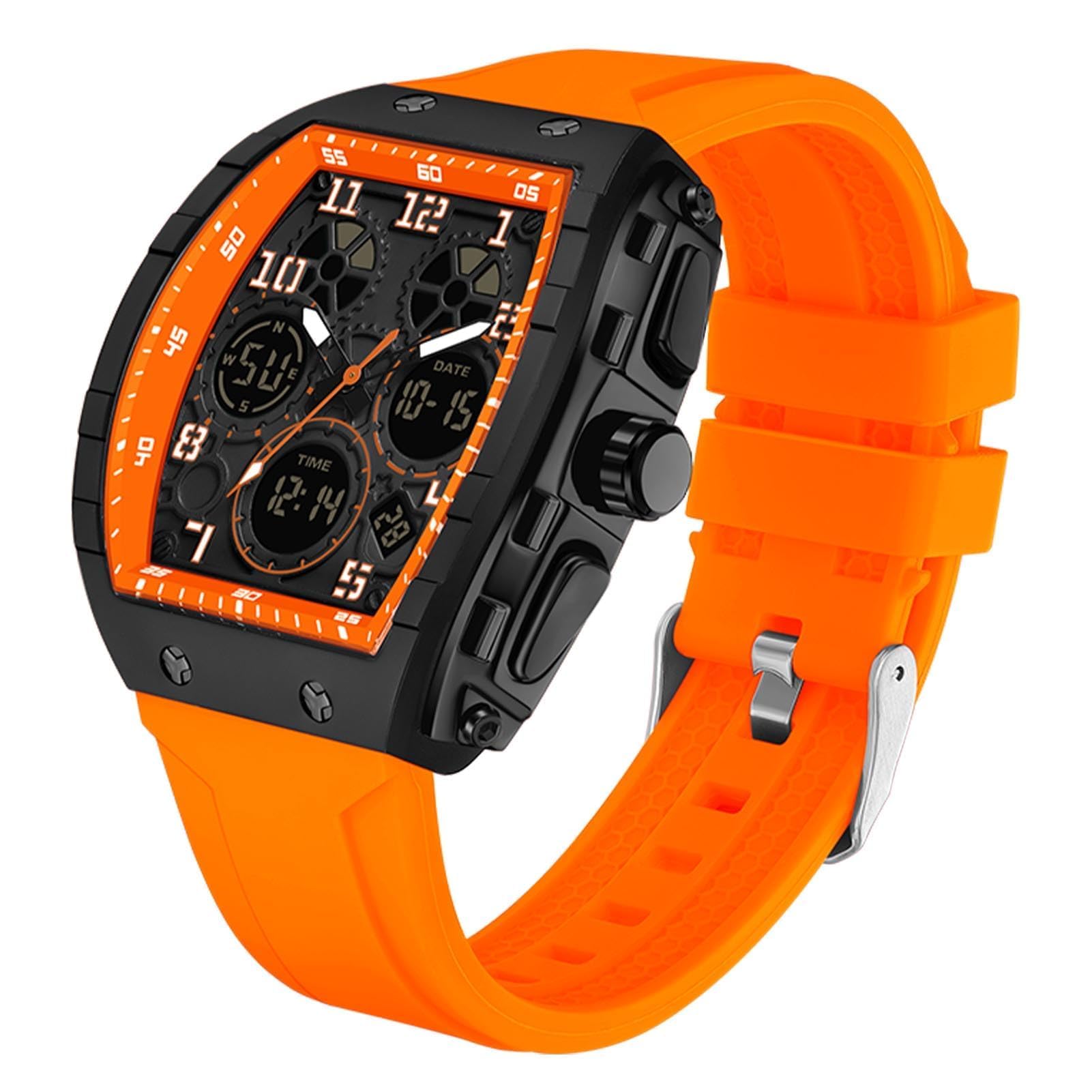 Montre Militaire Homme Sport Design Unique Cadran Rectangulaire, Affichage Numérique Analogique, Double Fuseau, Chronomètre Étanche 5ATM, Style Punk