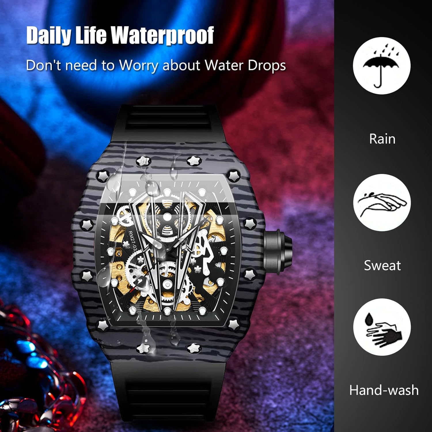 RORIOS Homme Punk Montre Sport Tonneau Montre de Poignet Mécanique Automatique Montre Mode Squelette Regarder Étanche Lumineuse Montre Silicone
