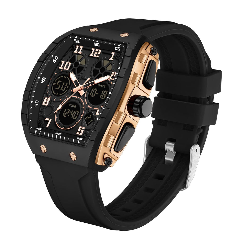 Montre Militaire Homme Sport Design Unique Cadran Rectangulaire, Affichage Numérique Analogique, Double Fuseau, Chronomètre Étanche 5ATM, Style Punk