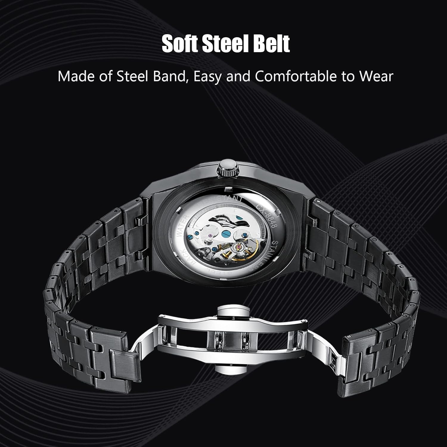 RORIOS Montre Homme Mécanique Automatique Lumineuse Avec Bracelet en Acier Inoxydable - Décontractée Squelette