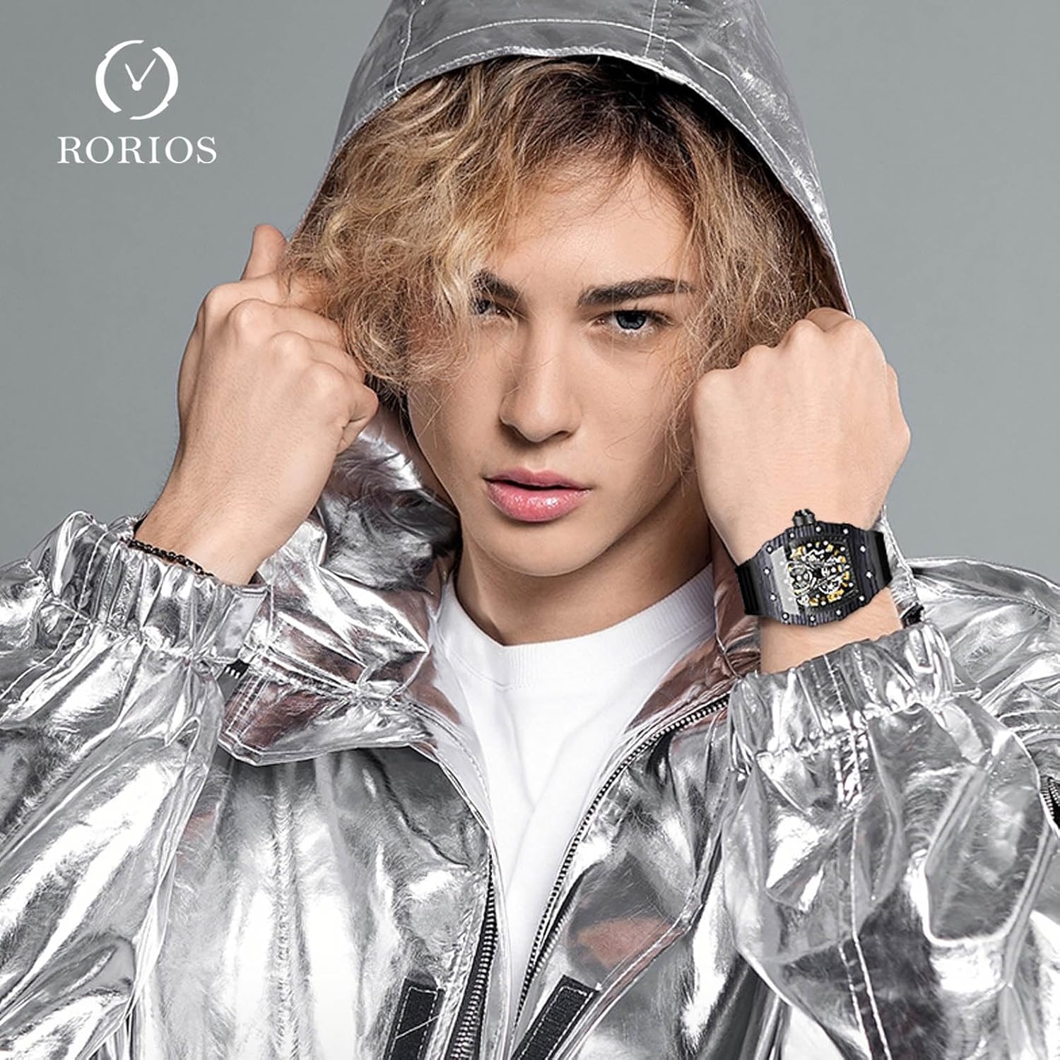 RORIOS Homme Punk Montre Sport Tonneau Montre de Poignet Mécanique Automatique Montre Mode Squelette Regarder Étanche Lumineuse Montre Silicone