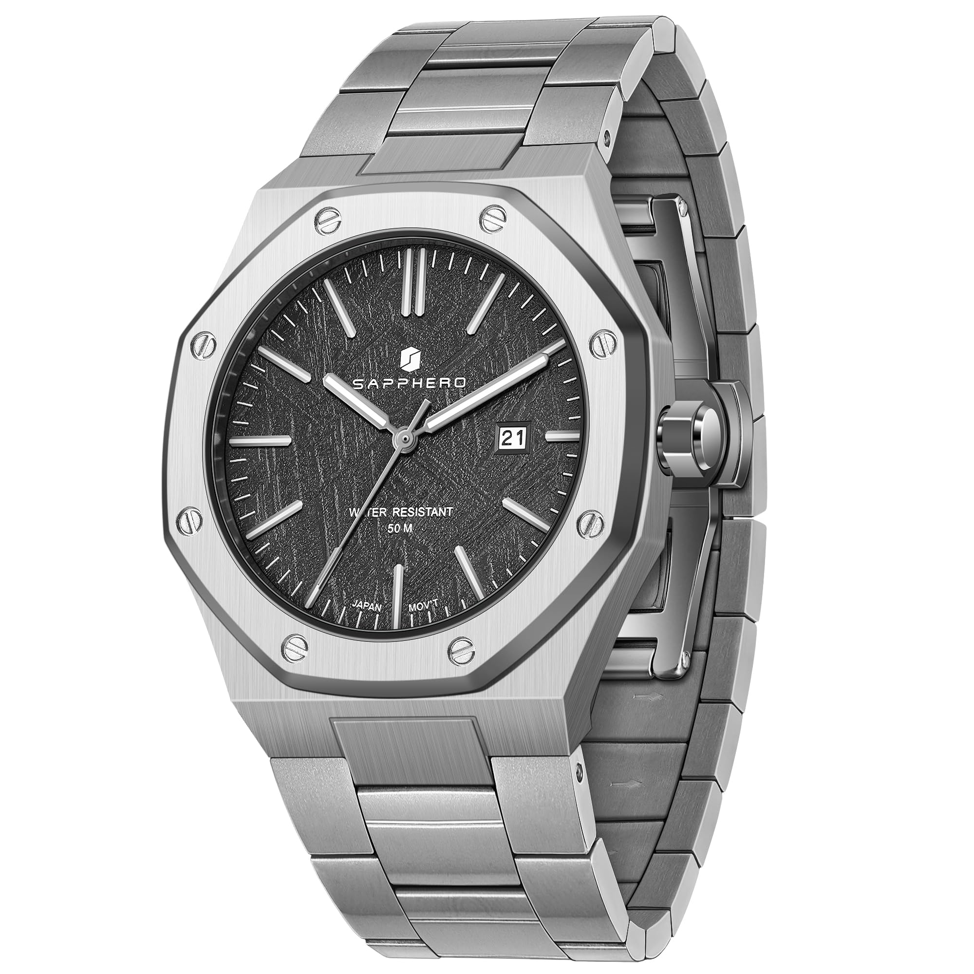SAPPHERO Montre Homme Quartz Argent Acier Inoxydable Bracelet 30M Etanche Date Calendrier Noir Bleu Montre Cadeaux pour Hommes