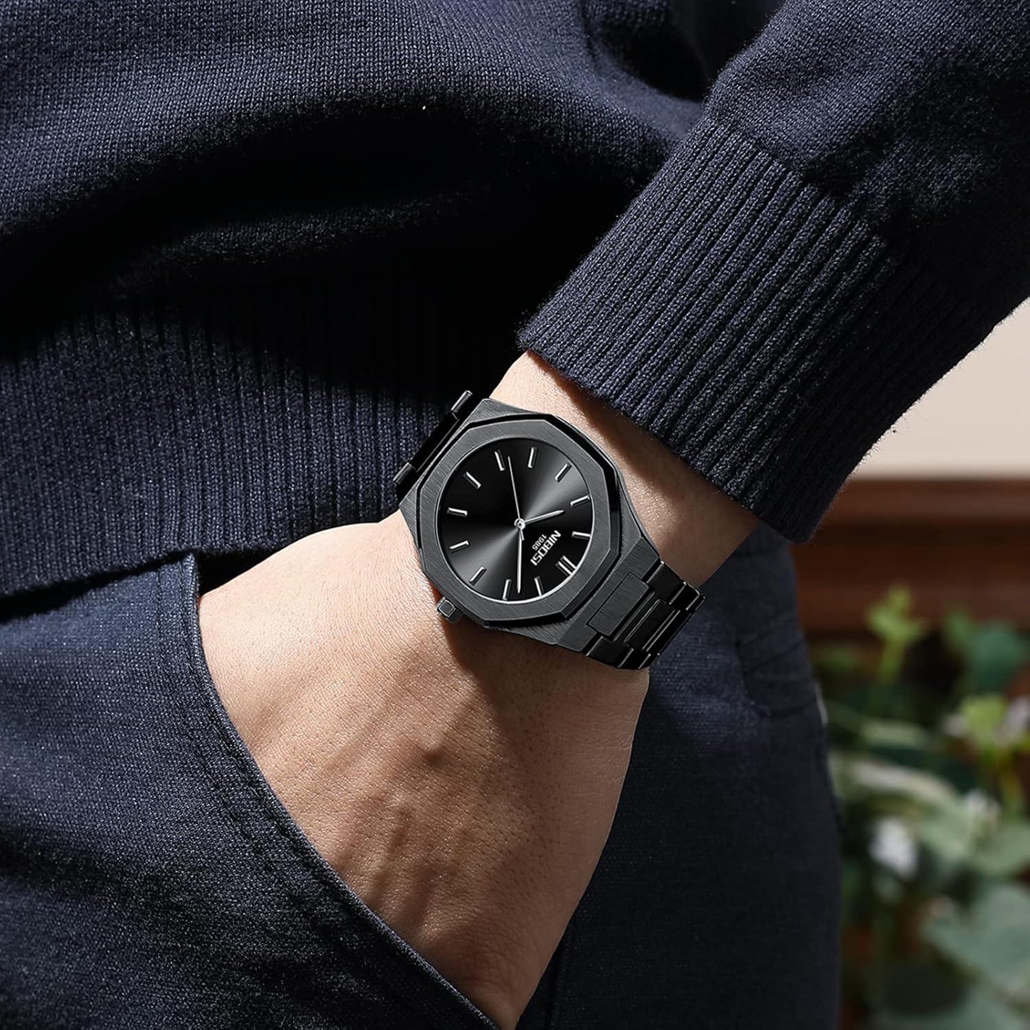 NIBOSI Montre pour homme - Cadran analogique minimaliste - Montre octogonale pour homme - Étanche - Avec bracelet en acier inoxydable doré